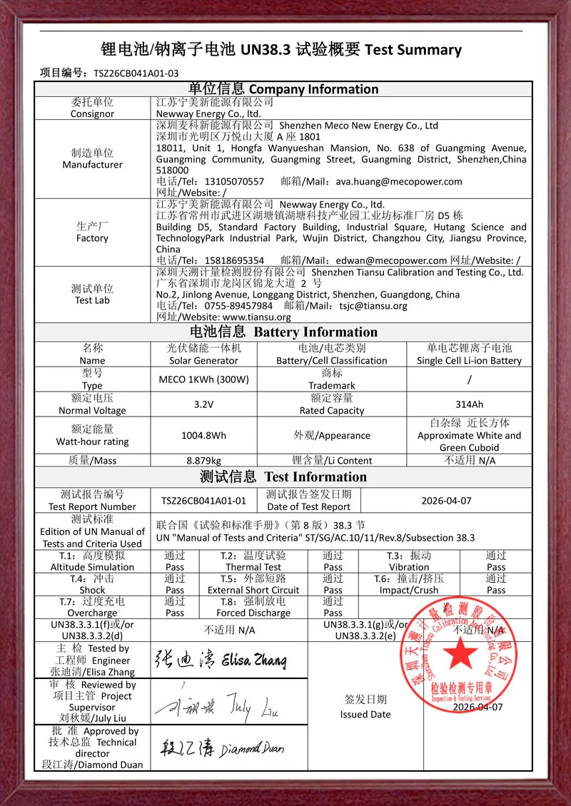 MECO 1KWh-UN38.3 Test Summary