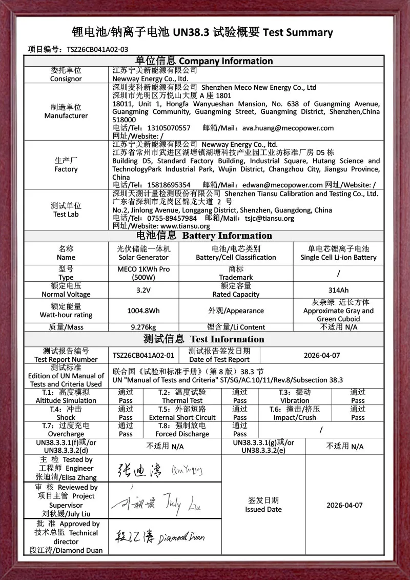 MECO 1KWh Pro-UN38.3 Test Summary